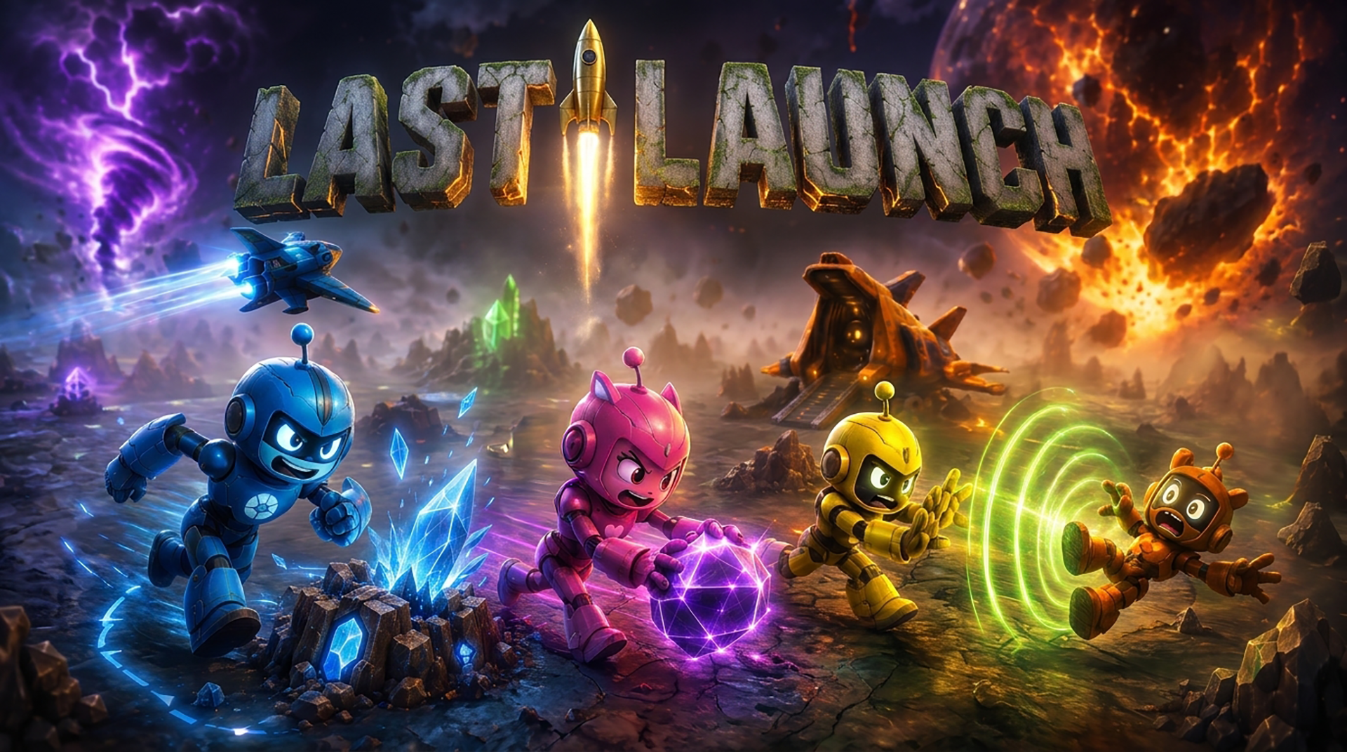 Last Launch key art — robots race across a dying planet