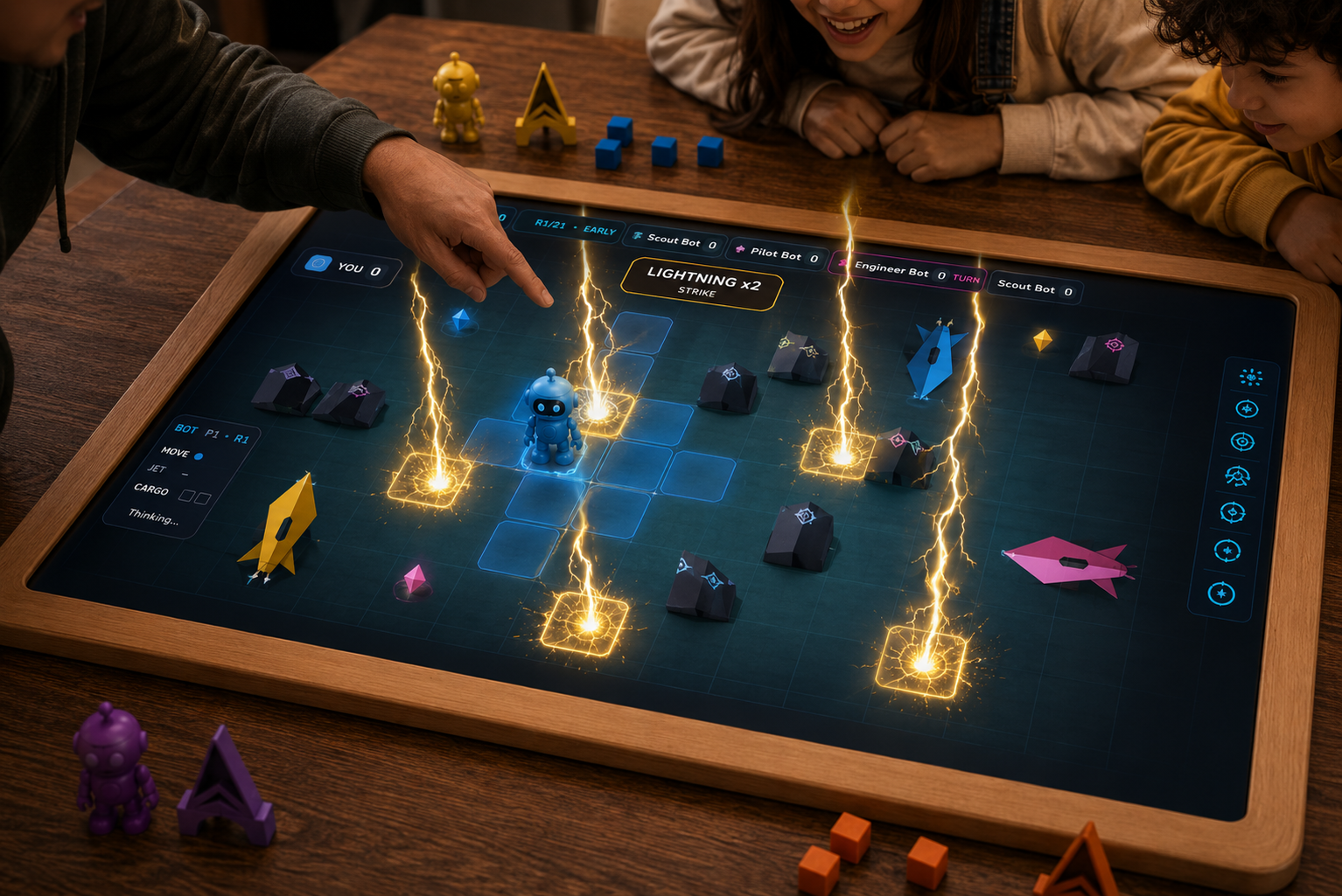 Family playing Last Launch around a Board tabletop computer with robot and spaceship Arcade Pieces