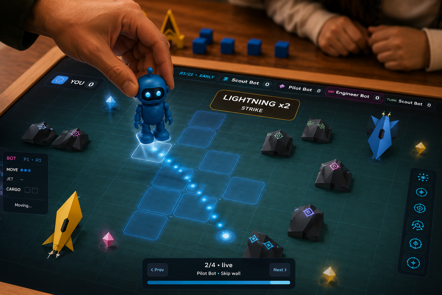 Hand placing a robot Piece on the Board — legal moves shown